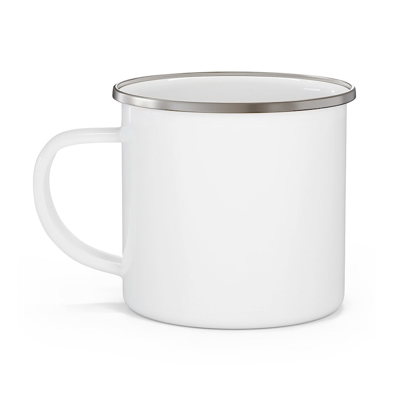 May include: White enamel mug with a silver rim. The mug has a rounded handle.