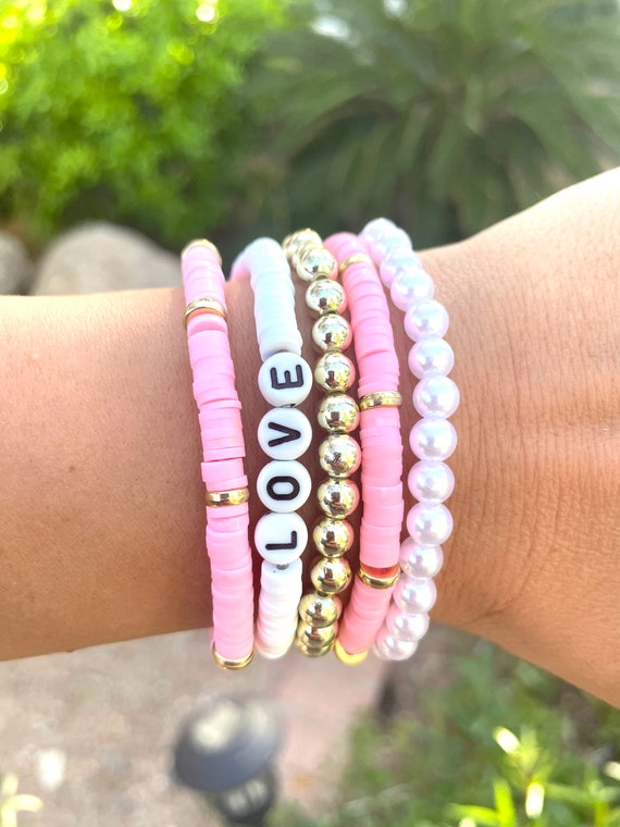 SIELEVIN 9 PCS Cute Kids Bracelets for Girls Pink LOVE Beaded