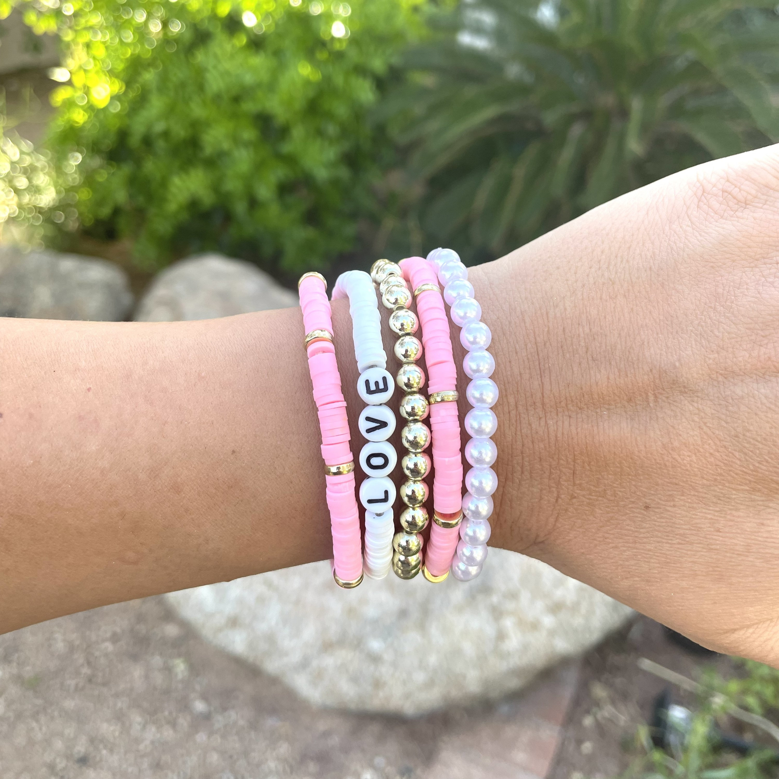 Pink Clay Bead Bracelets Set 