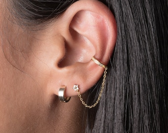 Gold Chain Ear Cuff and stud earring, Fast shipping gift, Cartilage hugging cuff, 925 sterling Silver ear cuff, Cz Ear Cuff No Piercing