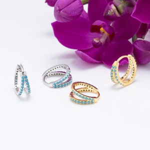 Turquoise double Hoop Earrings, Turquoise small hoop earrings, Gold milgrain hoop earrings, Turquoise gemstone huggie hoop earrings