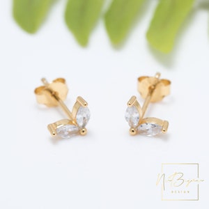 Tiny 2 Marquise Flower Stud Earrings, CZ dainty earrings, Minimalist earrings, Fast shipping gift, Gold stud earrings, Minimalist earrings