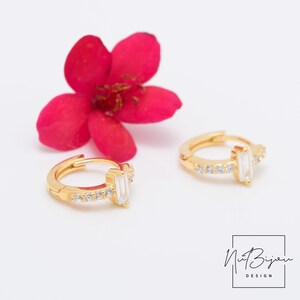 Clearance Tiny Hoop Earrings, Baguette Hoop Earrings, Cz Baguette Huggies, Tiny Huggies, Small Hoops, Fast shipping gift, Wedding earrings