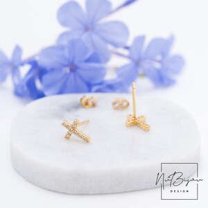 CZ Cross Stud Earrings • Sterling Silver or Gold Vermeil • Dainty Christian Gift • Baptism or Confirmation Jewelry • Fast Shipping • On Sale