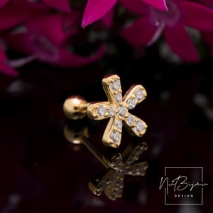Sterling Silver Flower Tragus Stud • CZ Conch Helix Piercing • Dainty Cartilage Earring • Screw Back Ball End • Fast Shipping Gift