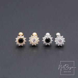 Black flower piercing, second hole Helix piercing, Cartilage piercing, Tiny flower piercing, Gilver conch earring, Dainty flower low helix
