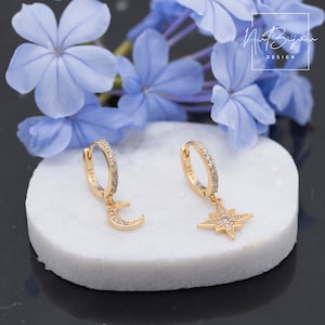 Star and moon hoop earrings, Gold Minimalist earrings, Mismatched celestial earrings, Cz Huggie hoops, Cz Star hoops, Cz Moon hoops