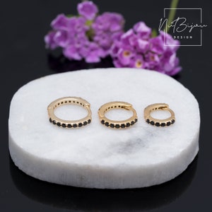 Set of 3 Huggie hoops, Huggie earrings, Conch hoop earring, Helix hoop, Black CZ Huggie Hoop Earrings, Tiny hoop earrings, Second hole hoop