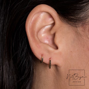 Black Cz Huggie Hoop Earrings, Earlobe hoop, Round hoop earrings, Huggie earrings, Fast shipping gift, Gold conch hoop, Cartilage earring