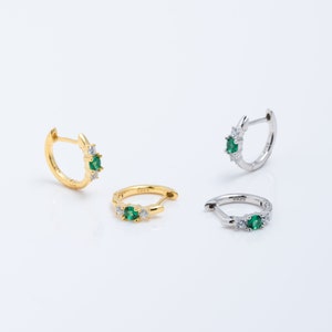 Tiny Emerald Huggie Hoop Earrings, Gold Small Emerald Green CZ Hoop Earrings, Silver Cartilage, Fast shipping gift, Green Crystal Hoops