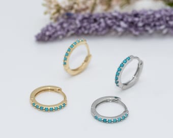 Turquoise Huggie Hoop Earrings • 925 Sterling Silver, Gold Plated