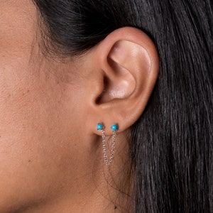 Sterling silver tiny turquoise stud chain earring, Gold chain earring, Turquoise earring, Minimalist dainty dangle chain double stud earring