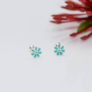 Sterling Silver Small Flower Studs, Teal Blue Stud Earrings, Daisy screw back earrings, Fast shipping gift, Turquoise Flower Earrings