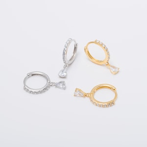 Cz dangling huggie, Cz hoop earrings, Gold hoop earrings, Cartilage hoops, Fast shipping gift, Minimalist earrings, Silver huggie hoops