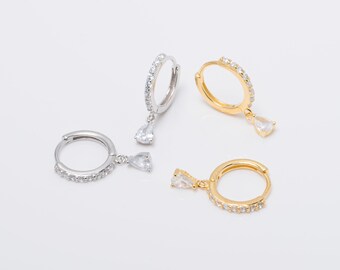 Pendientes de aro colgantes con circonitas cúbicas en plata de ley, estilo minimalista para el cartílago.