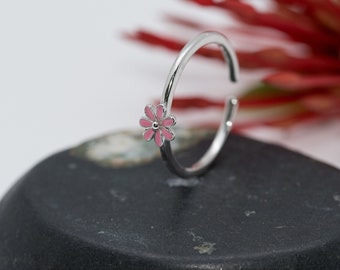 Sterling Silver Daisy Ring, Adjustable Pink Flower, Minimalist Style