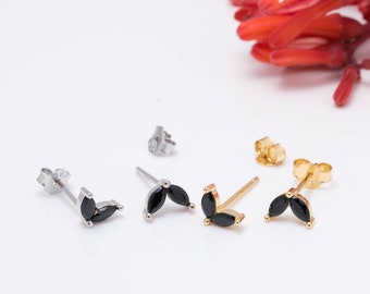 Zierliche Schwarze Stein Ohrstecker, 925 Sterling Silber Ohrringe