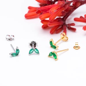 Sterling Silver CZ Marquise Leaf Duo Stud Earrings, Gold or Silver, Green Marquise Fan Stud, CZ Crown Stud, Two Marquise Stud, Emerald stud