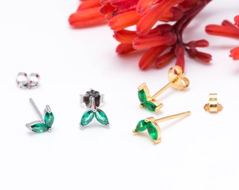 Sterling Silver Green Marquise CZ Studs • Dainty Minimalist Jewelry