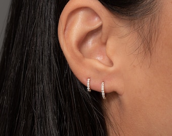 Gold Huggie Hoop Earrings, Sterling Silver, CZ Conch Cartilage Hoops