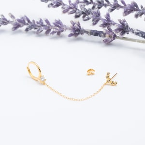 CZ Stud en hoepel Chain Earring, Sterling Silver Duo Chain Earring, Snelle verzending cadeau, Dubbele Chain Earring, Dubbele piercing oorbellen set