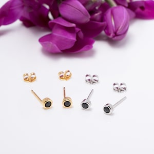 Tiny Black Onyx Earrings in Sterling Silver, Black Stud Earrings, Gold round Earrings, Dainty Earrings, Onyx Earrings, Fast shipping gift
