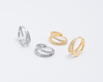 Pendientes de doble aro con circonitas cúbicas / Oro o plata / Aros abiertos minimalistas