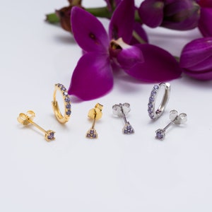 Purple earrings set, Fast shipping gift, Mix Trio Set, Set of 3 violet Earrings, Multi piercing earrings, 925 Sterling Silver earrings