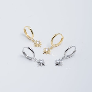 Star hoop earrings, Minimalist earrings, Cz Star huggies, 8-pointed star hoop, 925 Sterling Silver hoops, Gold star dangle earrings, Huggies