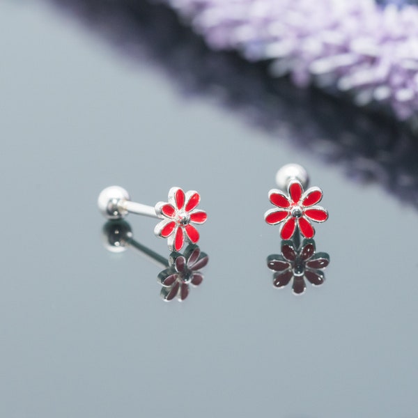 Tiny Red Flower Stud Earrings, Daisy Flower Cartilage Piercing, Screw Back Earrings, Fast shipping gift, Earlobe or Cartilage,flower jewelry