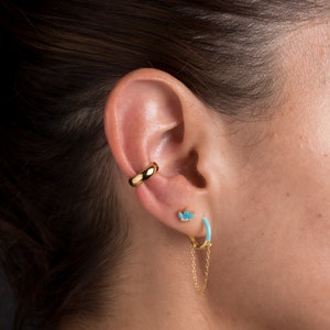 Turquoise Enamel Huggie hoop earrings, Chain huggie hoop earrings, Fast shipping gift, Turquoise huggie hoop with chain, Chain dangle hoop
