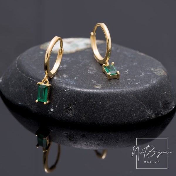 Green Baguette Hoop Dangle Earrings, Fast shipping gift, Charm hoops, Gold hoop earrings, Delicate emerald earrings, Minimalist hoops