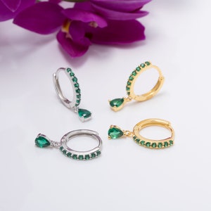 Emerald Charm Hoop Earring Set, Dangle emerald hoop earrings, Green stone Huggie hoops, Fast Shipping gift, Pear Cut Drop Earrings