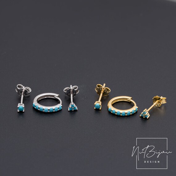 Sterling Silver Turquoise Earring Set, Tiny Hoop and Stud Trio