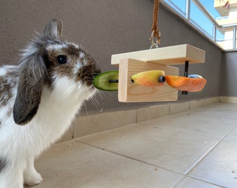 Rabbit food hanging toy, personalized bunny toys, food holder, feeder, wood toys