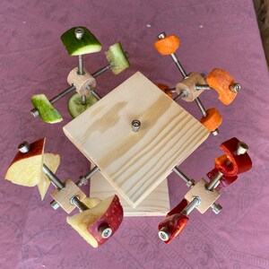 May include: A wooden toy with a rotating base and four arms, each holding a different piece of fruit or vegetable. The fruit and vegetables are red apple, green cucumber, orange carrot, and red bell pepper.