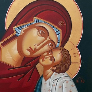 The Mother of God  with the Jesus Christ. Hand Painted Icon Art Byzantine Orthodox Icon Iconography Greek Icon