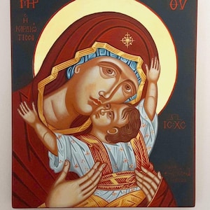 Hand-Painted Icon, Mother of God &quot;Kardiotissa&quot; with Christ – Byzantine Orthodox Icon – Egg Tempera on Wood, size 25x30x2.5 cm.