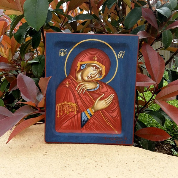 Theotokos Sorrowing. Hand Painted Icon Art Byzantine Orthodox Icon Iconography Greek Icon The Mother of God Panagia