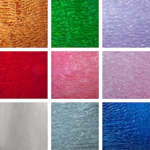 May include: Nine squares of textured material in various colors. The colors include gold, green, purple, red, pink, light pink, silver, blue-gray, and blue. The texture appears to be wavy or rippled.