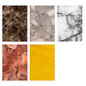 May include: Five samples of stone textures. The top row features a dark brown marble, a gray speckled stone, and a white marble with black veining. The bottom row shows a red-orange stone and a yellow-orange translucent stone.