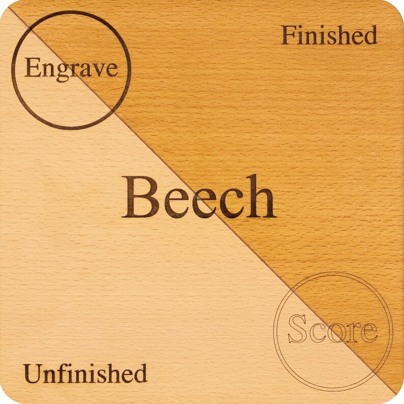 K&ouml;nnte beinhalten: Ein Holzprobenst&uuml;ck, das den Unterschied zwischen unbehandeltem und behandeltem Buchenholz zeigt. Die unbehandelte Seite tr&auml;gt die Aufschrift "Engrave" und "Unfinished", w&auml;hrend die behandelte Seite die Aufschrift "Score" und "Finished" tr&auml;gt.