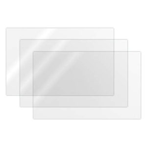 May include: Three clear, rectangular plastic sheets of varying sizes are layered on top of each other. The sheets are transparent, allowing light to pass through. The edges are clean and straight, and the overall appearance is minimalist.