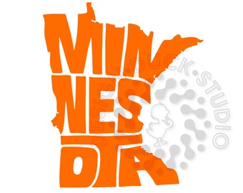 May include: Orange silhouette of the state of Minnesota with the word "MINNESOTA" written inside the outline of the state.