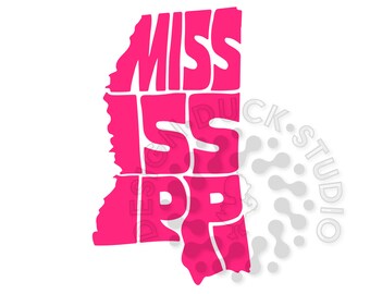 May include: Pink silhouette of the state of Mississippi with the word "MISSISSIPPI" spelled out inside the shape.
