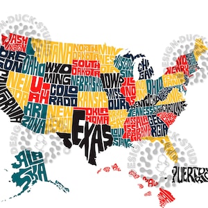 Typographie des États-Unis, Carte de l’État des États-Unis, Art word des États-Unis, Nom de l’État à l’intérieur de la forme, Noms à l’intérieur de l’État, Bundle svg d’état