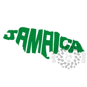 Op de afbeelding: Een groene silhouet van het eiland Jamaica, met het woord "Jamaica" gespeld binnen de omtrek van het eiland.