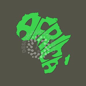 Op de afbeelding: Een groene omtrek van het Afrikaanse continent met het woord "Afrika" gespeld in de vorm van het continent.