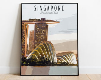 Singapur Vintage Travel Poster, Digital Print, Singapur Wall Art, Azja Poster Print, Singapur Painting, Wall Decor, Gift for Travellers