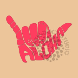 May include: A pink hand gesture with the word "ALOHA" spelled out in the fingers. The hand is making the traditional Hawaiian "shaka" sign.